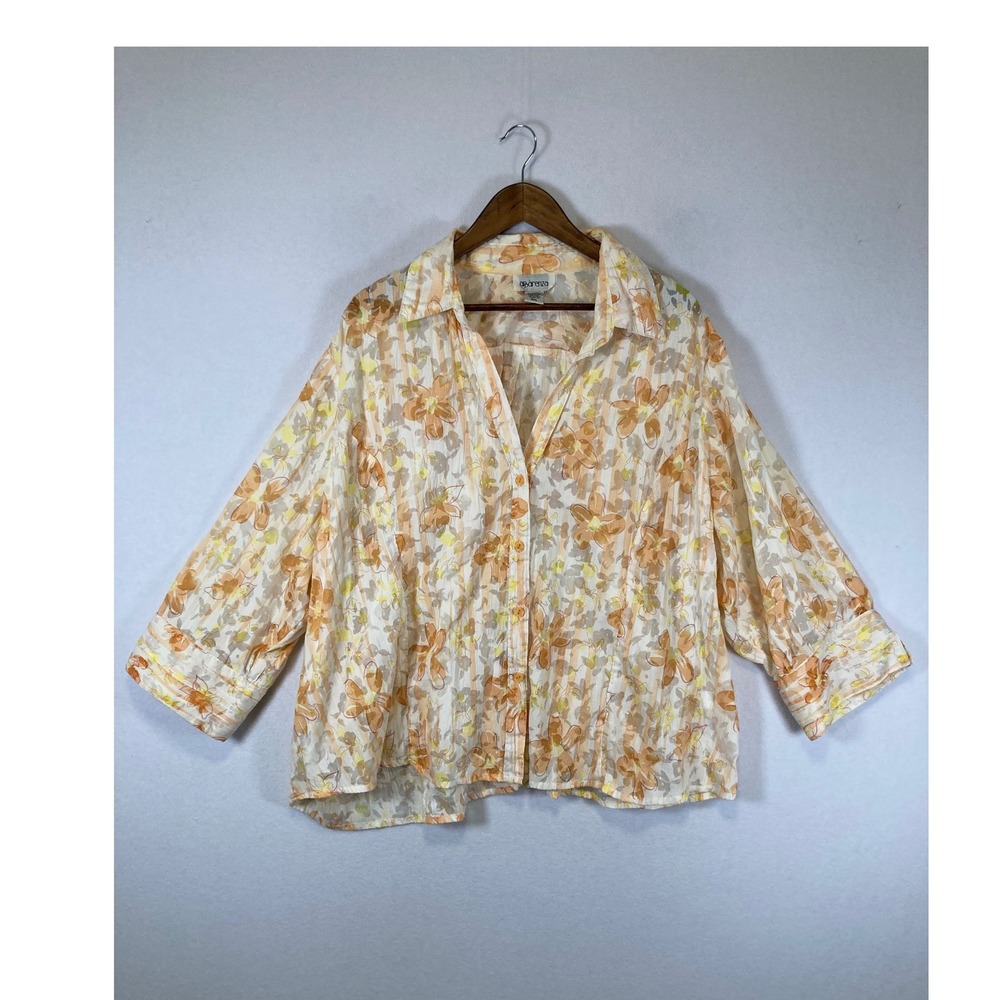 Cottagecore‎ Apparenza Women 3XL Orange Floral Seersucker 3/4 Sleeve Blouse Top